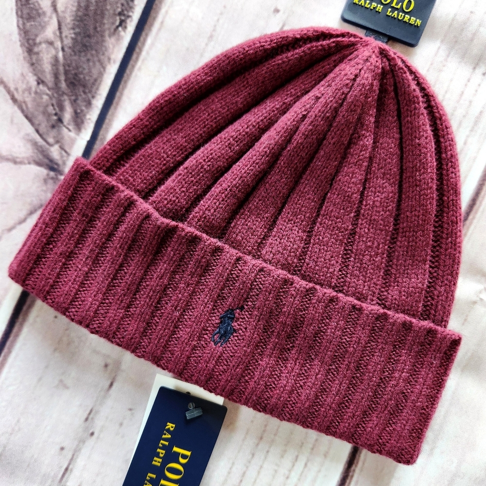 NWT Polo Ralph Lauren Beanie Wool Blend Rib Knit Cuff Pony Logo Maroon Unisex - Picture 2 of 5